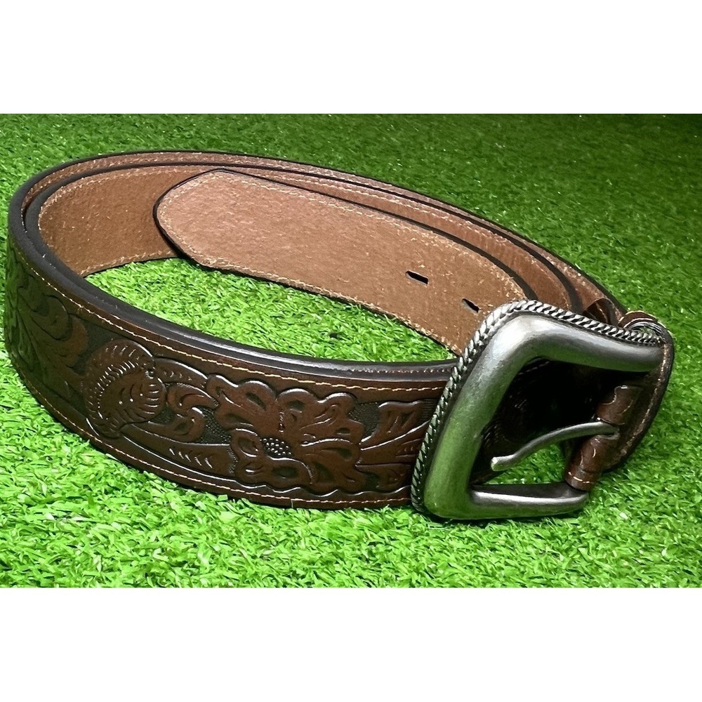 Vintage Wrangler Leather Belt SZ 46 Western Embossed Floral Pattern Brown‎ EUC